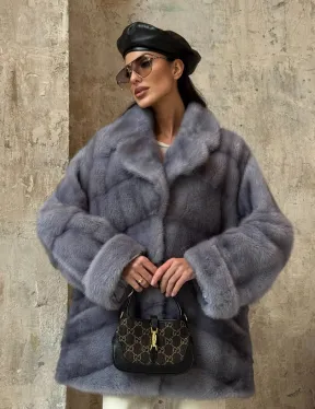 Натуральный полушубок из меха норки с английским воротником в цвете топаз