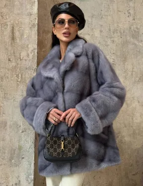 Натуральный полушубок из меха норки с английским воротником в цвете топаз