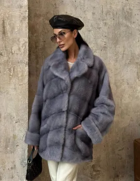 Натуральный полушубок из меха норки с английским воротником в цвете топаз