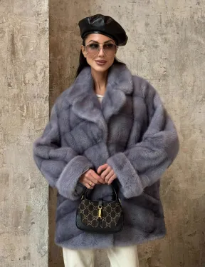 Натуральный полушубок из меха норки с английским воротником в цвете топаз