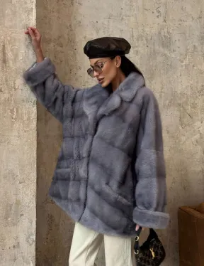 Натуральный полушубок из меха норки с английским воротником в цвете топаз