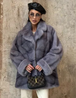 Натуральный полушубок из меха норки с английским воротником в цвете топаз