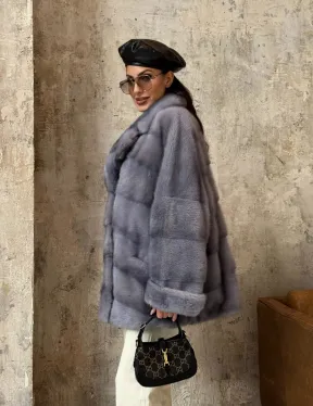 Натуральный полушубок из меха норки с английским воротником в цвете топаз