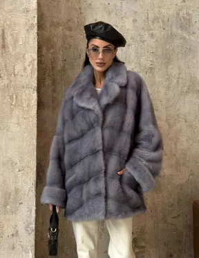 Натуральный полушубок из меха норки с английским воротником в цвете топаз