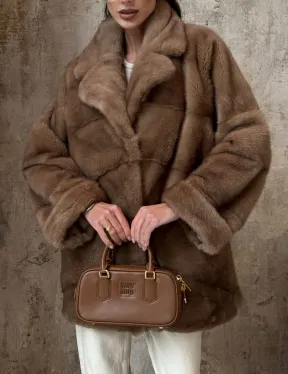 Полушубок из натуральной норки пастель с английским воротником - паркет