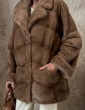 Полушубок из натуральной норки пастель с английским воротником - паркет