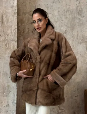 Полушубок из натуральной норки пастель с английским воротником - паркет