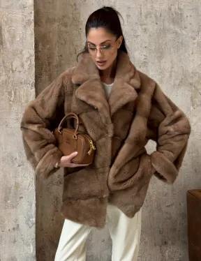 Полушубок из натуральной норки пастель с английским воротником - паркет