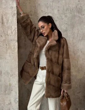 Полушубок из натуральной норки пастель с английским воротником - паркет