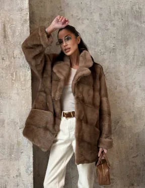 Полушубок из натуральной норки пастель с английским воротником - паркет