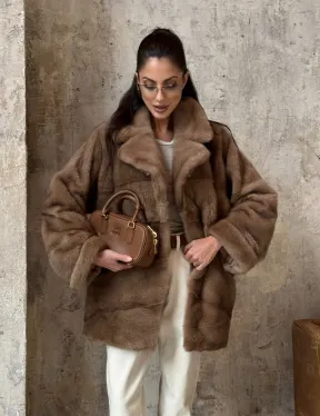 Полушубок из натуральной норки пастель с английским воротником - паркет