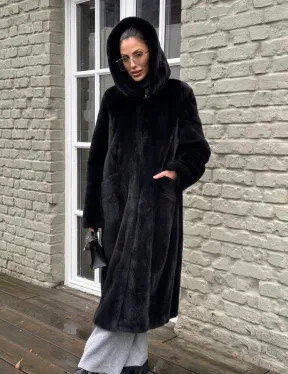 Норковая шуба PREMIUM из аукционной плюшевой норки с капюшоном