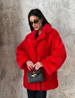 Красный полушубок из натурального меха норки