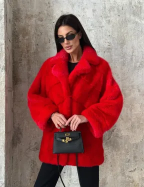 Красный полушубок из натурального меха норки
