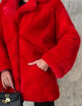 Красный полушубок из натурального меха норки