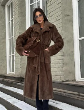 Классическая женская норковая шуба в цвете соболь с поясом и накладными карманами