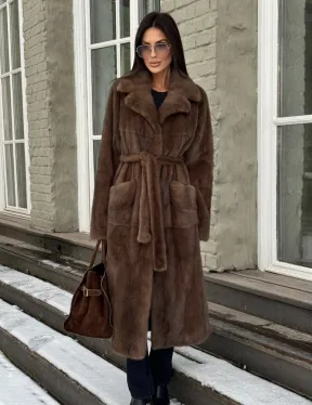 Классическая женская норковая шуба в цвете соболь с поясом и накладными карманами