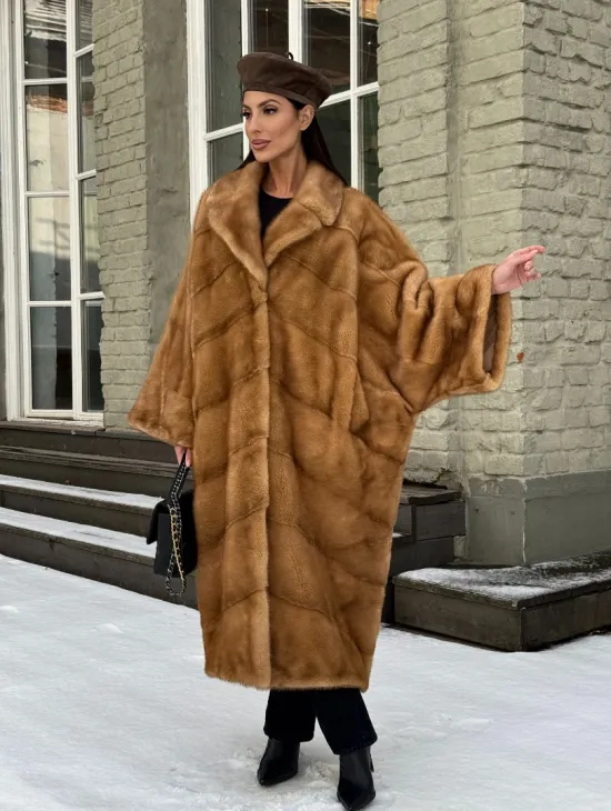 Женское меховое пальто оверсайз, стиль - Бохо из скандинавской норки GOLD