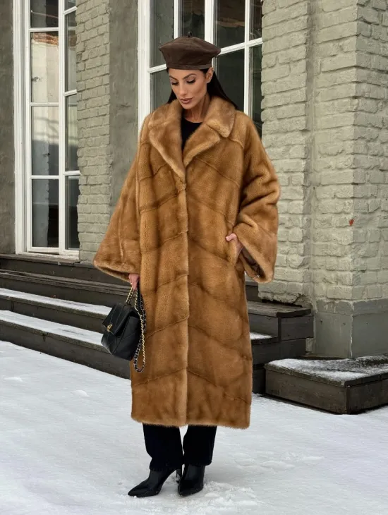 Женское меховое пальто оверсайз, стиль - Бохо из скандинавской норки GOLD