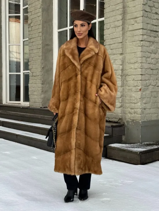 Женское меховое пальто оверсайз, стиль - Бохо из скандинавской норки GOLD