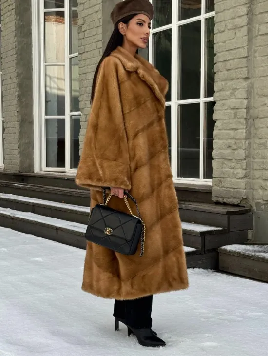 Женское меховое пальто оверсайз, стиль - Бохо из скандинавской норки GOLD