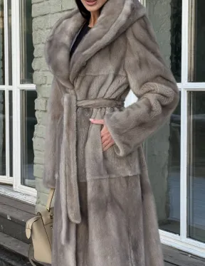 Шуба норковая серая с капюшоном и меховым поясом, классика