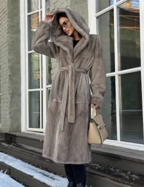 Шуба норковая серая с капюшоном и меховым поясом, классика