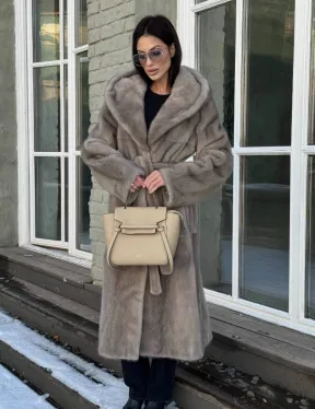 Шуба норковая серая с капюшоном и меховым поясом, классика
