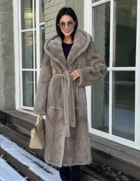 Шуба норковая серая с капюшоном и меховым поясом, классика