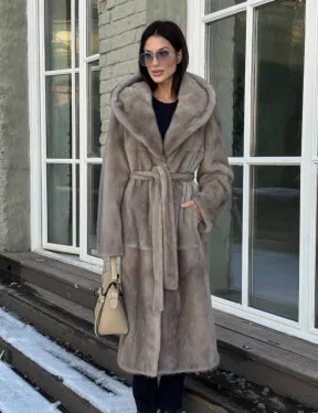 Шуба норковая серая с капюшоном и меховым поясом, классика