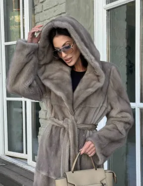 Шуба норковая серая с капюшоном и меховым поясом, классика