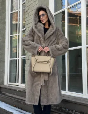 Шуба норковая серая с капюшоном и меховым поясом, классика