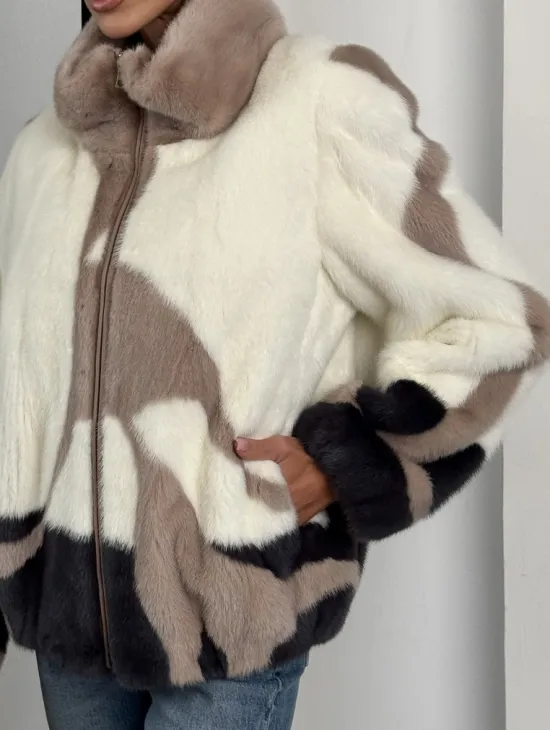 Норковый бомбер на молнии стойка воротник