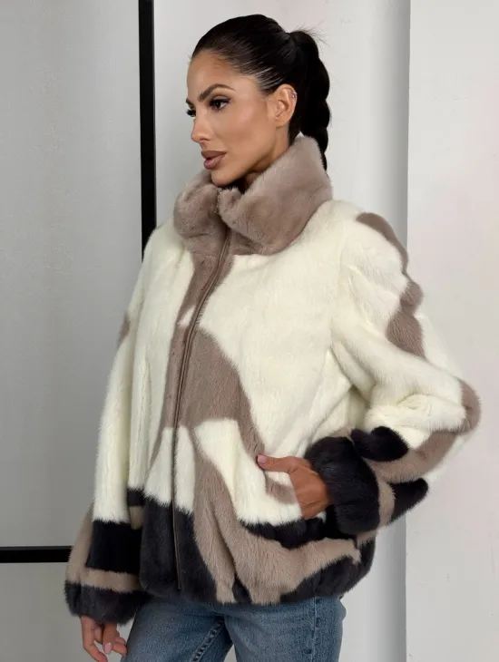 Норковый бомбер на молнии стойка воротник