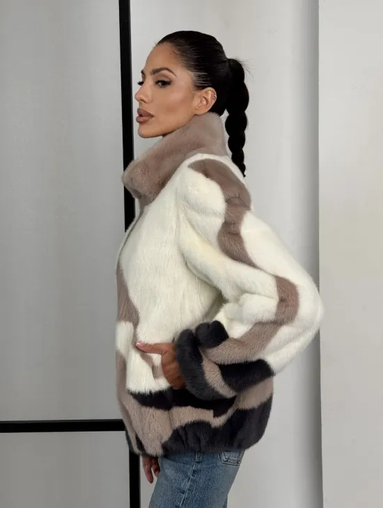 Норковый бомбер на молнии стойка воротник