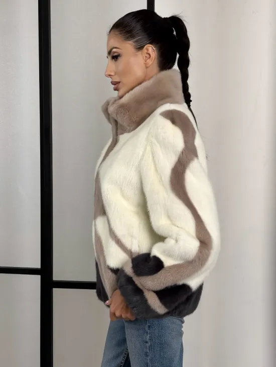 Норковый бомбер на молнии стойка воротник