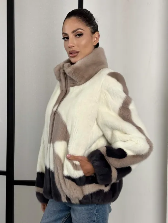 Норковый бомбер на молнии стойка воротник