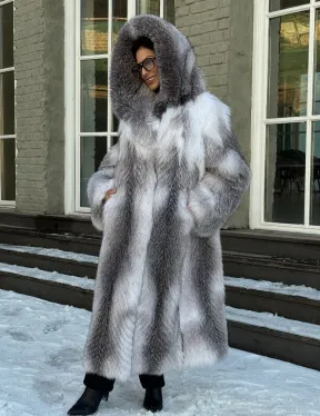 Длинная шуба из меха Arctic Fox с капюшоном, росшив - серая