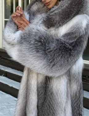 Длинная шуба из меха Arctic Fox с капюшоном, росшив - серая