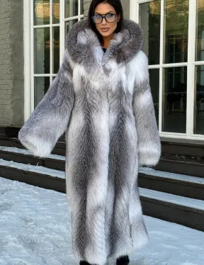 Длинная шуба из меха Arctic Fox с капюшоном, росшив - серая