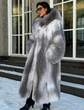 Длинная шуба из меха Arctic Fox с капюшоном, росшив - серая