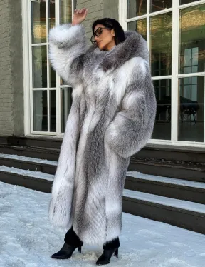 Длинная шуба из меха Arctic Fox с капюшоном, росшив - серая