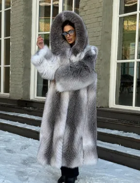Длинная шуба из меха Arctic Fox с капюшоном, росшив - серая