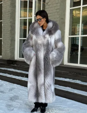 Длинная шуба из меха Arctic Fox с капюшоном, росшив - серая