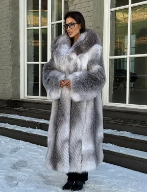 Длинная шуба из меха Arctic Fox с капюшоном, росшив - серая