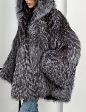 Шуба из меха чернобурки с капюшоном в росшив - летучая мышь