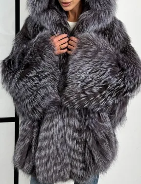 Шуба из меха чернобурки с капюшоном в росшив - летучая мышь