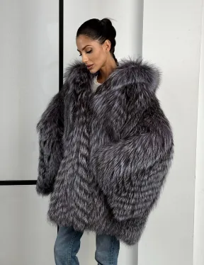 Шуба из меха чернобурки с капюшоном в росшив - летучая мышь