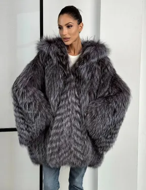 Шуба из меха чернобурки с капюшоном в росшив - летучая мышь