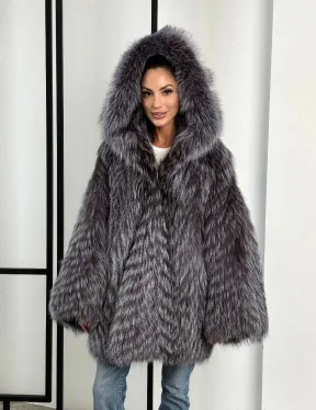Шуба из меха чернобурки с капюшоном в росшив - летучая мышь